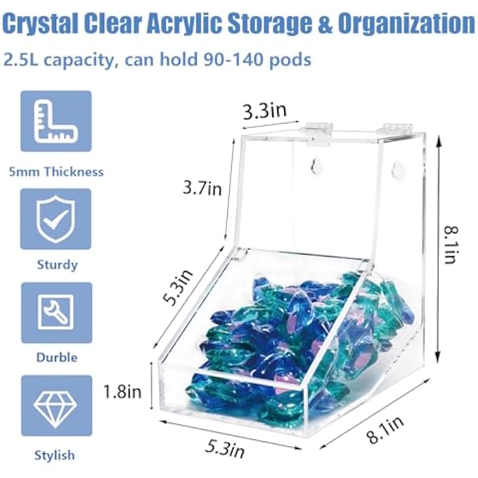 Unity Laundry Pods Container Acrylic Candy Dispenser Holder With 2 Lids Dishwasher Pod Holder Coffee Pod Holder Office Used Stand Or Wall Mount 1Pcs 81 L X 53 W X 81 H - Image 3