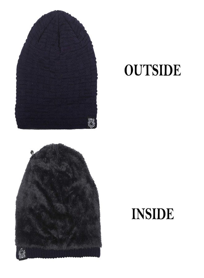 FabSeasons Unisex Acrylic Woolen Winter Beanie/Skull Cap with Faux Fur Inner Lining Blue - Image 3