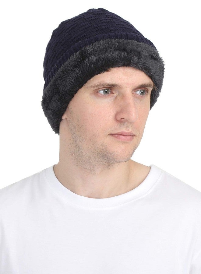 FabSeasons Unisex Acrylic Woolen Winter Beanie/Skull Cap with Faux Fur Inner Lining Blue - Image 2