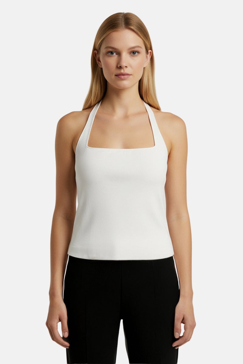 Cotton On Women Plus Size Halter Neck Sleeveless Ribbed Top, White - Image 1