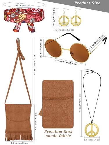 SOMSOC 7 Pieces 70s Women Hippie Costume Set Includes Fringe Vest Bag Pants Headband Peace Sign Necklace Earrings Sunglasses for Halloween (Brown) - Image 5