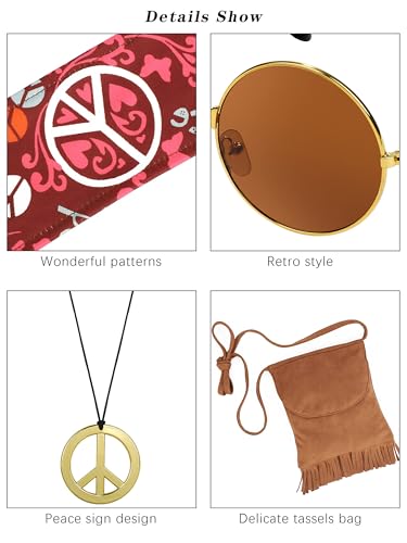 SOMSOC 7 Pieces 70s Women Hippie Costume Set Includes Fringe Vest Bag Pants Headband Peace Sign Necklace Earrings Sunglasses for Halloween (Brown) - Image 4