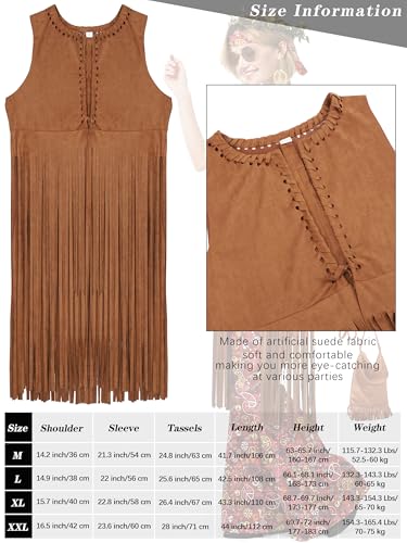 SOMSOC 7 Pieces 70s Women Hippie Costume Set Includes Fringe Vest Bag Pants Headband Peace Sign Necklace Earrings Sunglasses for Halloween (Brown) - Image 2