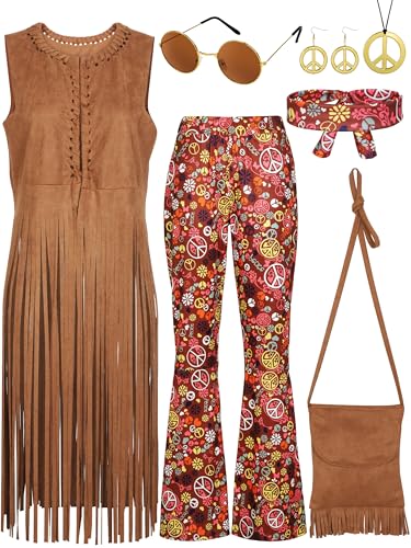 SOMSOC 7 Pieces 70s Women Hippie Costume Set Includes Fringe Vest Bag Pants Headband Peace Sign Necklace Earrings Sunglasses for Halloween (Brown) - Image 1