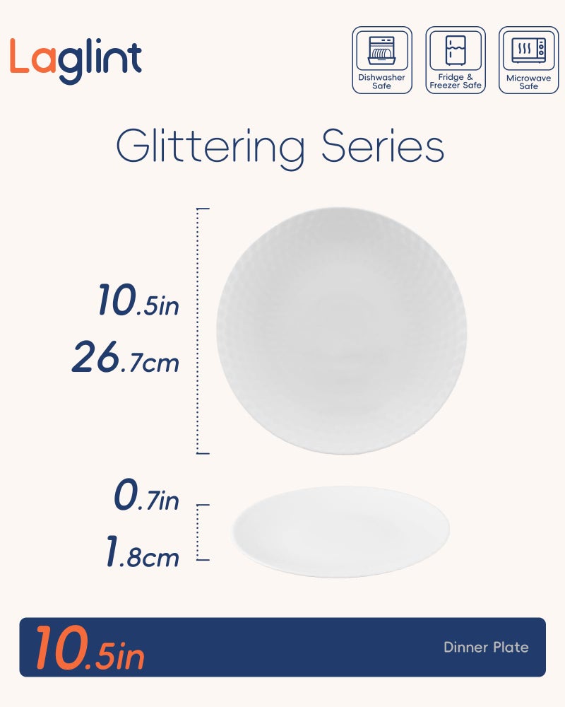 LaGlint 10.5 inch Dinner Plate Set of 6, Round Opal Glass Geometric Faceted White Dinnerware Plates, Dishwasher and Microwave Safe - Image 4