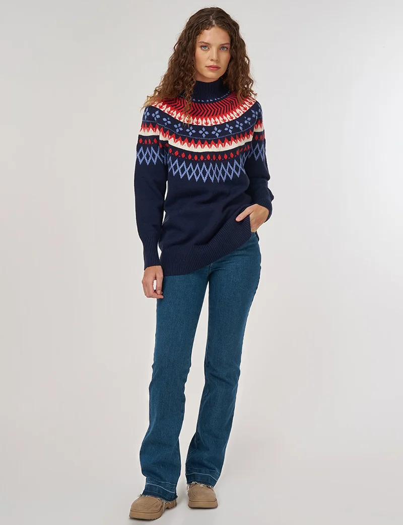 Kayra Turtleneck Patterned Knit Tunic Dark Navy