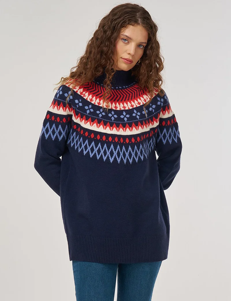 Kayra Turtleneck Patterned Knit Tunic Dark Navy