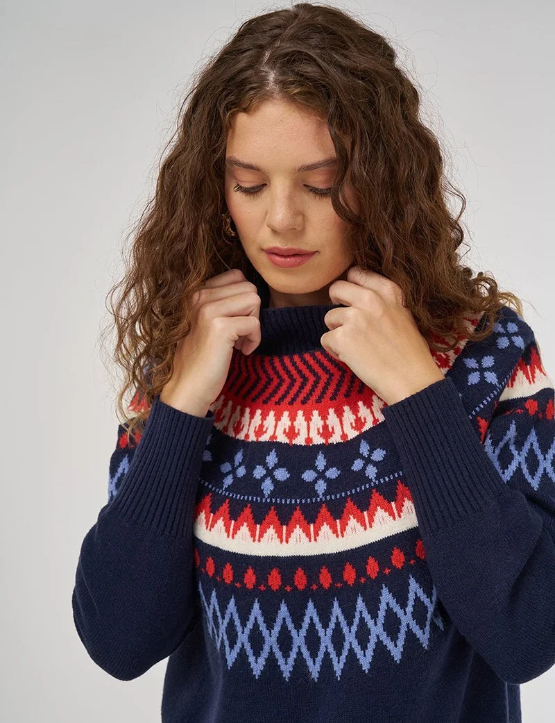 كايرا تونيك تريكو برقبة عالية مزخرف باللون الكحلي الداكن