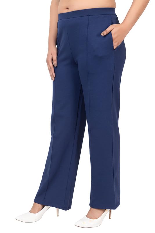 Mlada Store Mlada Mid Waist Wide Leg Flared Trouser Elastic Waist Band for Women Office Work Formal Wear Stretch Cotton Knit Flare Pants Utility Pockets Extra Flare Pants Trousers for Travel Navy - Image 1