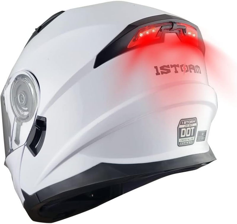 1Storm Modular Full Face Motorcycle Helmet with Dual Visor and LED Tail Light - Glossy White - Image 1