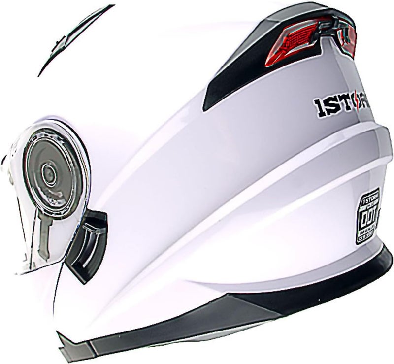 1Storm Modular Full Face Motorcycle Helmet with Dual Visor and LED Tail Light - Glossy White - Image 5
