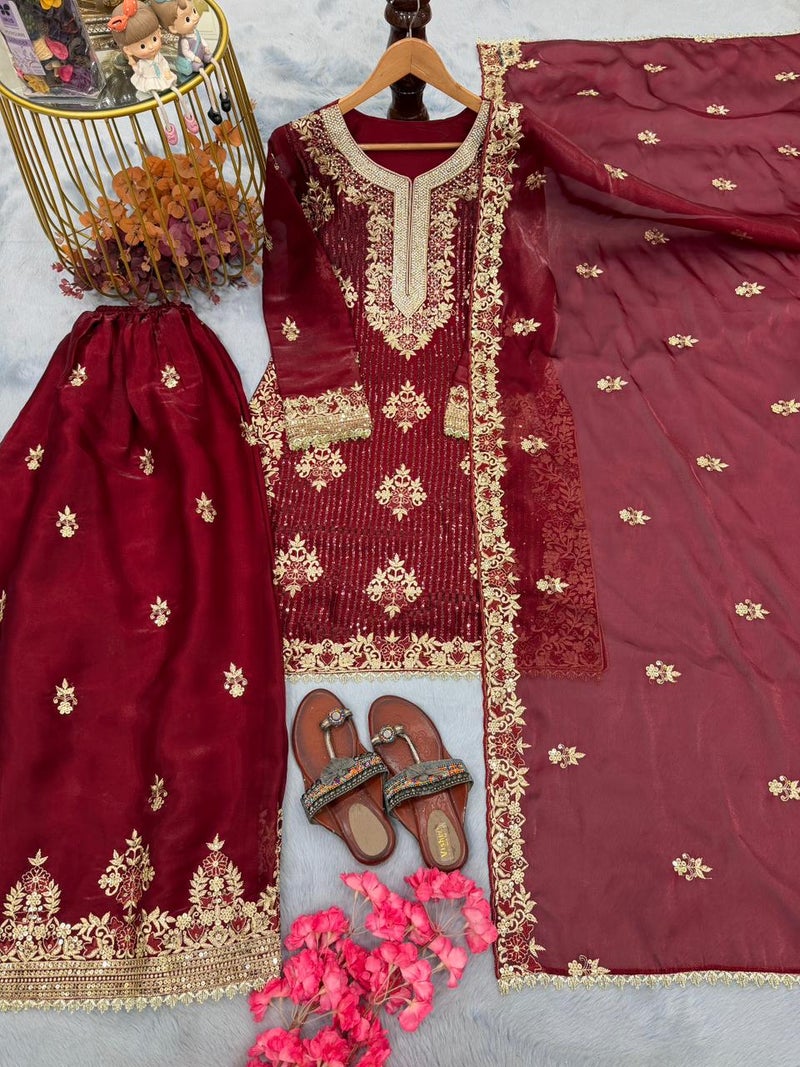 ANAITA Maroon Silk Readymade Suit with Embroidery & Diamond Work - Image 3