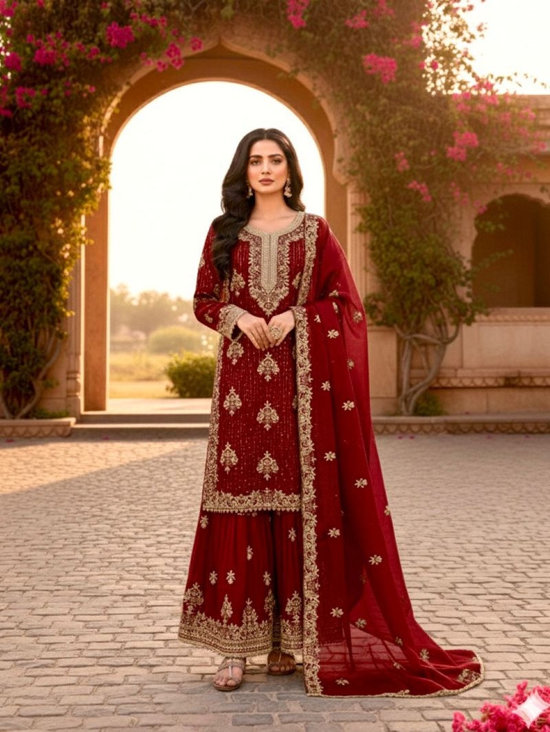ANAITA Maroon Silk Readymade Suit with Embroidery & Diamond Work - Image 1