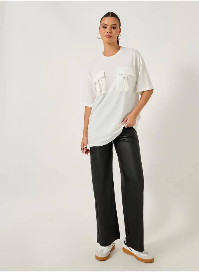 Styli Double Utility Pocket Solid Oversized T-Shirt
