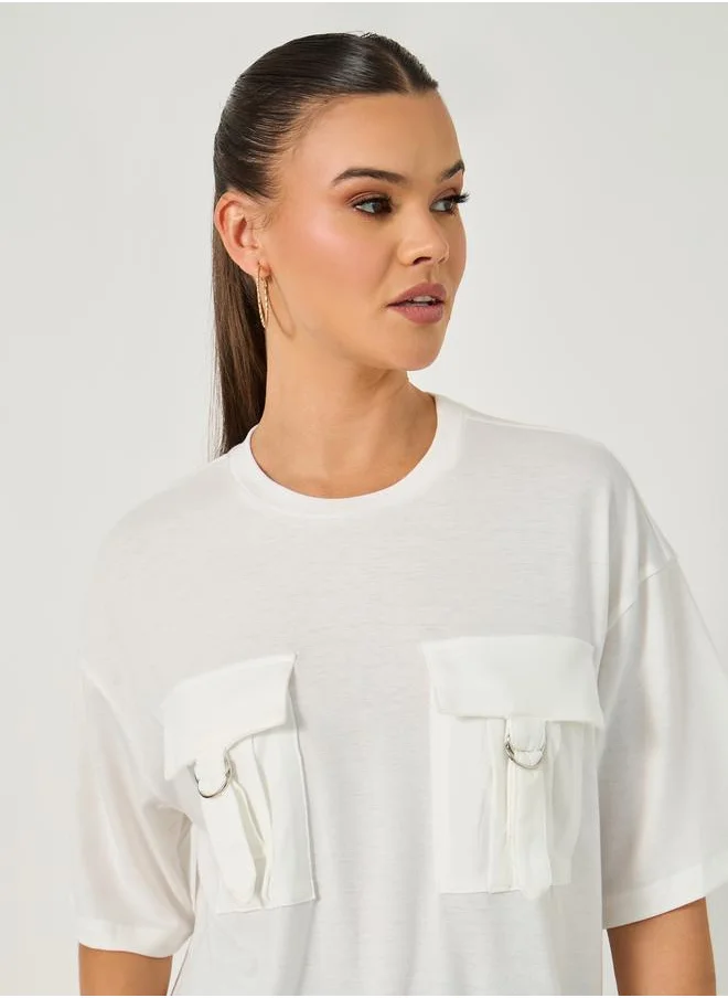 Styli Double Utility Pocket Solid Oversized T-Shirt