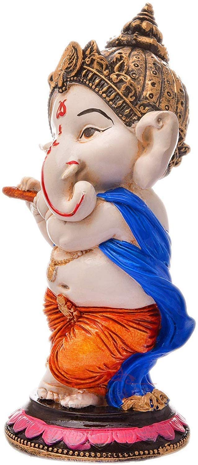 JAIPUR ACE Resin Playing Flute Ganesh Idol Statue Best For Home Office Decor Flute Vinayak Multi Colour - Image 3