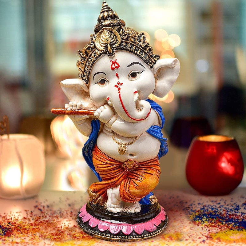 JAIPUR ACE Resin Playing Flute Ganesh Idol Statue Best For Home Office Decor Flute Vinayak Multi Colour - Image 1