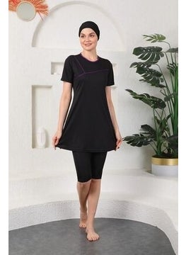 Medipek Purple Piping Semi-Covered Hijab Swimsuit Black  - Image 1