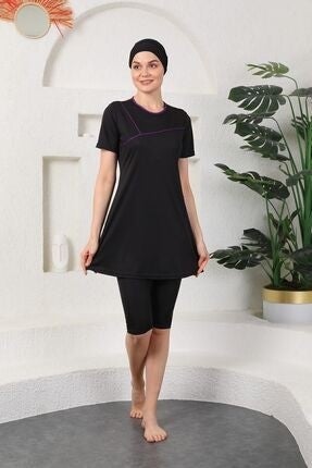 Medipek Purple Piping Semi-Covered Hijab Swimsuit Black  - Image 1