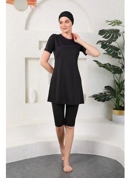 Medipek Purple Piping Semi-Covered Hijab Swimsuit Black  - Image 2