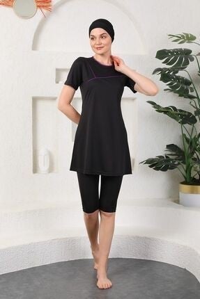 Medipek Purple Piping Semi-Covered Hijab Swimsuit Black  - Image 2