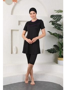 Medipek Purple Piping Semi-Covered Hijab Swimsuit Black  - Image 3