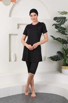 Medipek Purple Piping Semi-Covered Hijab Swimsuit Black  - Image 3