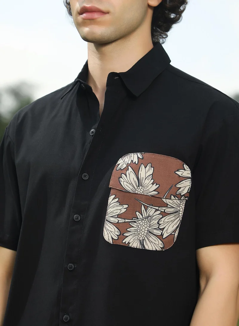 Campus Sutra Men's Chocolate Brown & Obsidian Black Flora-Block Shirt