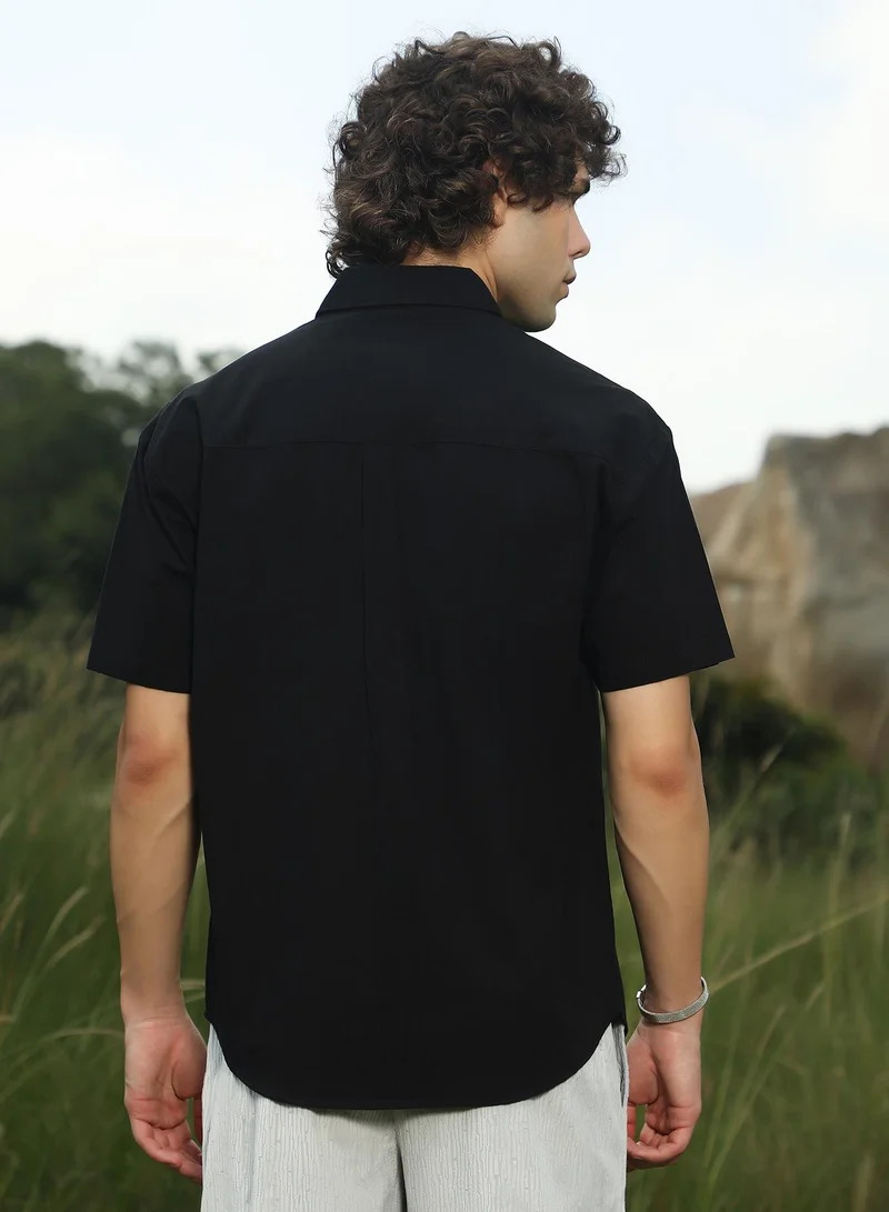 Campus Sutra Men's Chocolate Brown & Obsidian Black Flora-Block Shirt