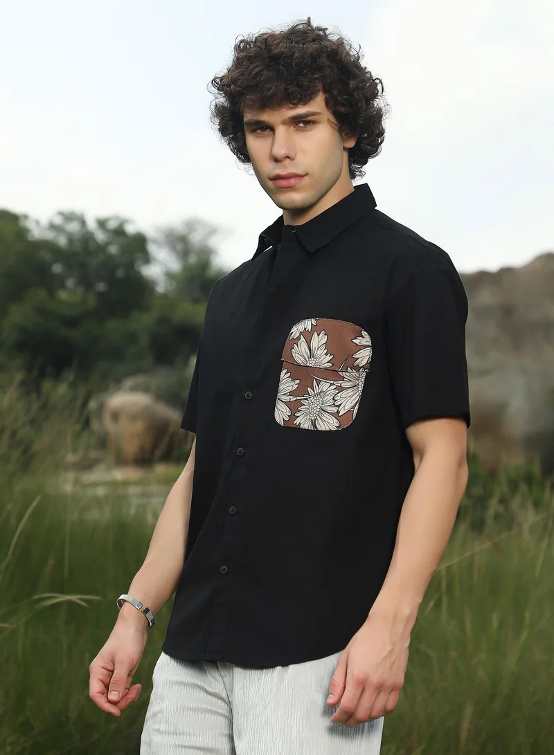 Campus Sutra Men's Chocolate Brown & Obsidian Black Flora-Block Shirt