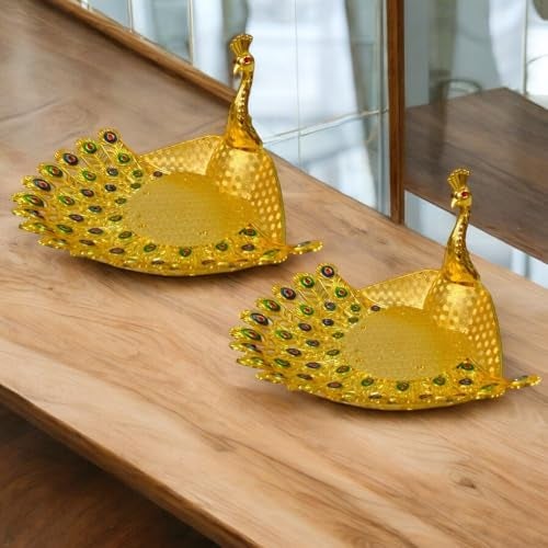 Evisha Decorative Golden Peacock Figurines, Set of 2, with Feather Detailing for Serving Dry Fruit Sweets Chocolates Diwali Gift Home Decor - Image 1