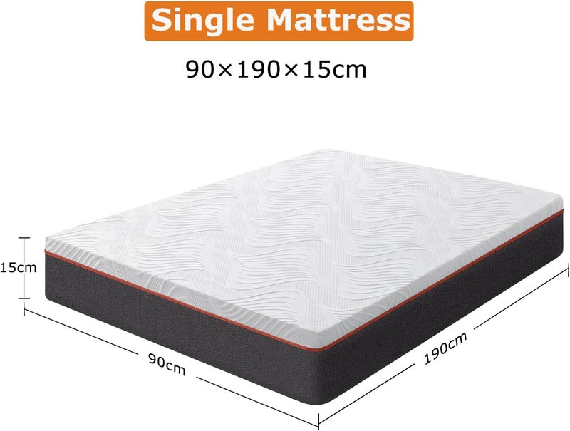 Single Mattress, 15cm Gel Memory Foam Mattress, Cooling Single Bed Mattresses for Pressure Relief, Medium Mattress with Removable Cover, 90X190X15CM - Image 3