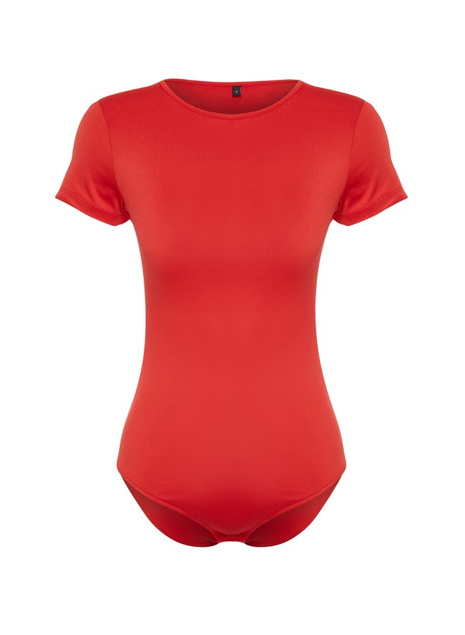 Red Short Sleeve Elastic Snap Knitted Bodysuit TWOSS24BD00034