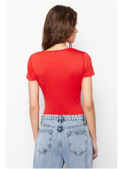 trendyol Red Short Sleeve Elastic Snap Knitted Bodysuit TWOSS24BD00034  - Image 4