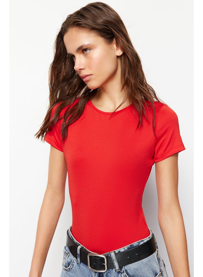 Red Short Sleeve Elastic Snap Knitted Bodysuit TWOSS24BD00034