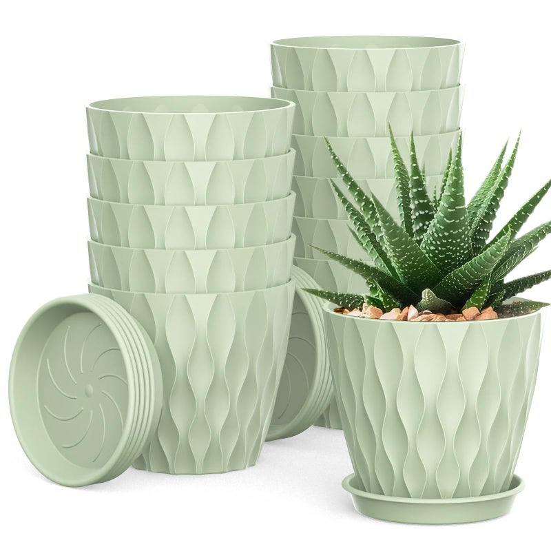 UOUZ 12 Pack 4 Inch Small Plant Pots with Saucers, Waffle Texture Plastic Planters with Drainage Holes for Indoor and Outdoor Plants, Flowers, Herbs, Succulents, and Seedlings, Green - Image 1