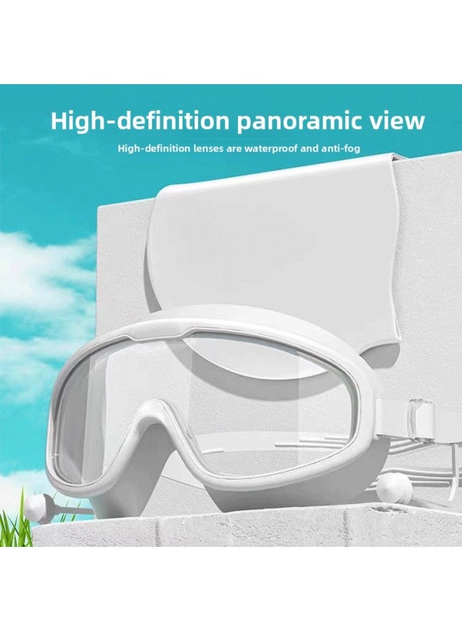 Children's Swimming Goggles Waterproof Anti-fog HD Men's And Women's Big Frame Adult Swimming Glasses Professional Training Diving Cap Suit-Color:Adult Version: White Swimming Cap + Gray Swimming Goggles + Nose Clip