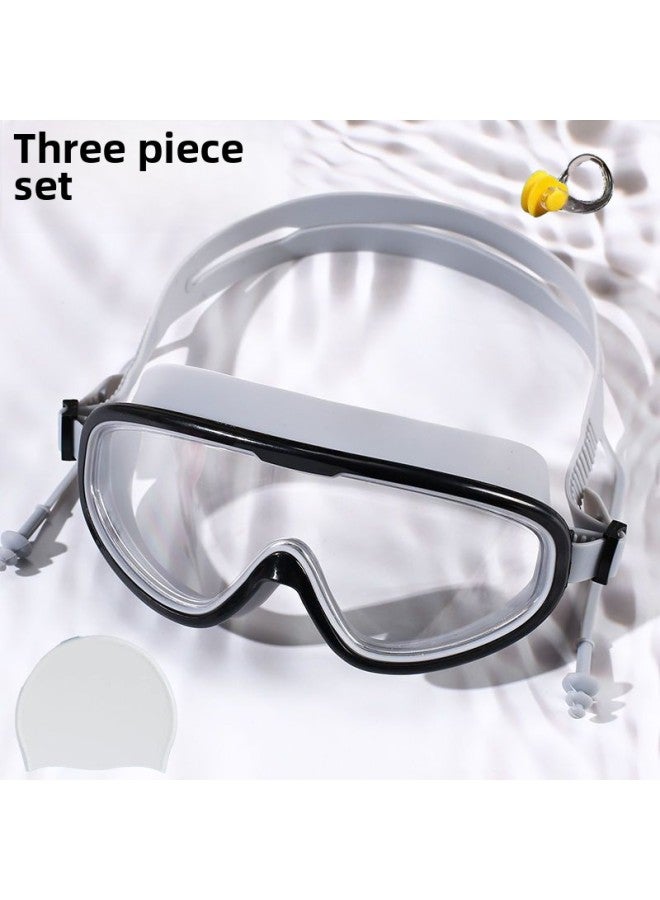 Children's Swimming Goggles Waterproof Anti-fog HD Men's And Women's Big Frame Adult Swimming Glasses Professional Training Diving Cap Suit-Color:Adult Version: White Swimming Cap + Gray Swimming Goggles + Nose Clip