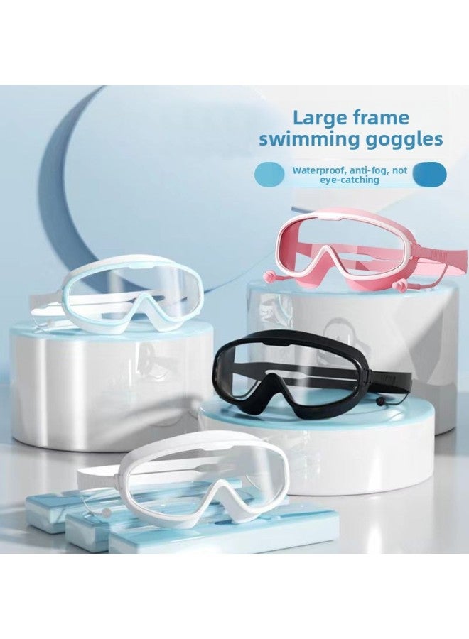 Children's Swimming Goggles Waterproof Anti-fog HD Men's And Women's Big Frame Adult Swimming Glasses Professional Training Diving Cap Suit-Color:Adult Version: White Swimming Cap + Gray Swimming Goggles + Nose Clip