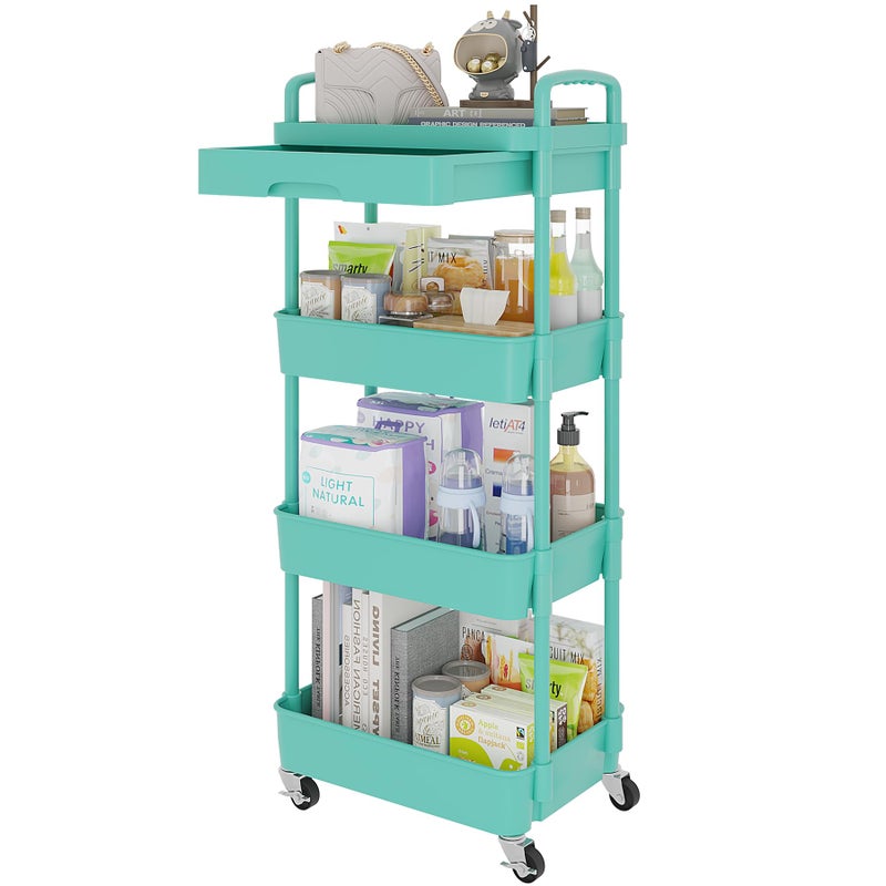Calmootey 4Tier Rolling Utility Cart with DrawerMultifunctional Storage Organizer with Plastic Shelf Metal WheelStorage Cart for KitchenBathroomLiving RoomOfficeGreen