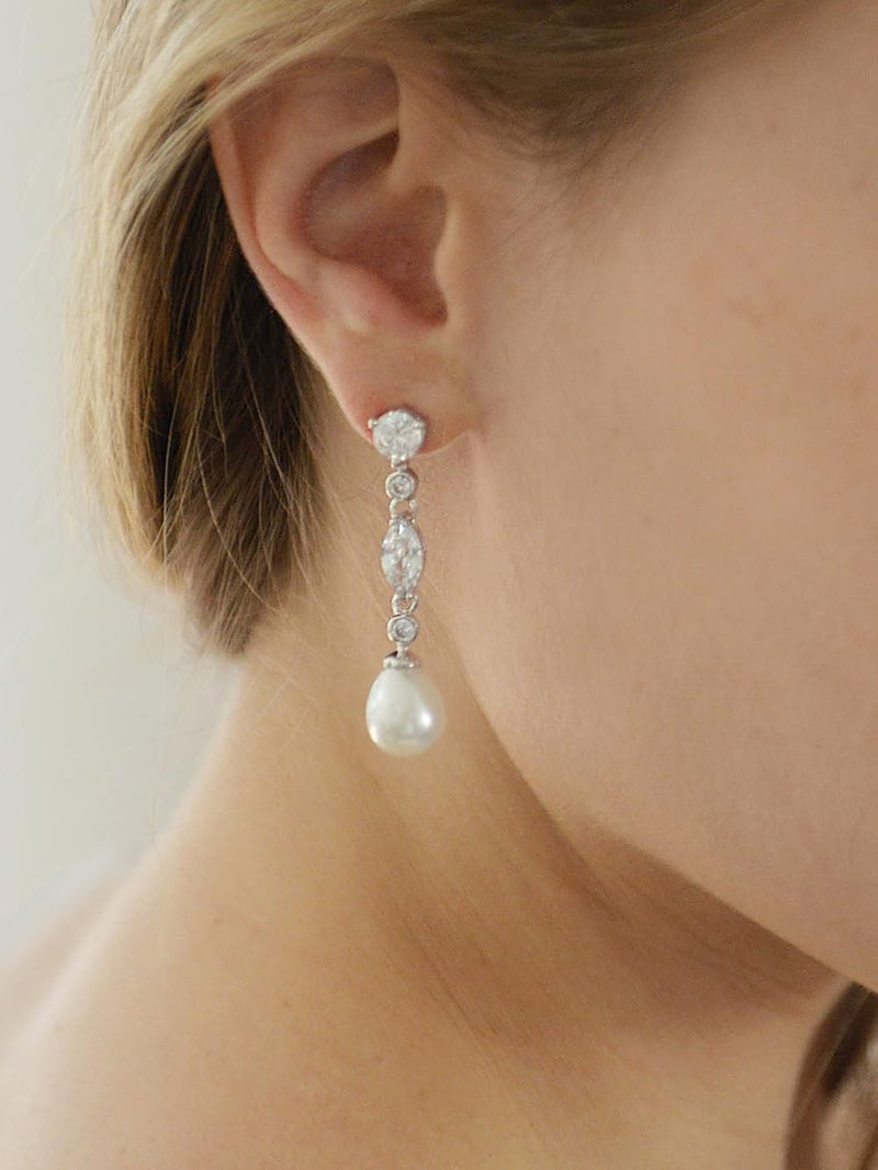 Mariell Pearl Dangle Wedding Earrings with Cubic Zirconia Crystals, Pearl Bridal Earrings, Jewelry for Brides, Homecoming, Mother of the Bride - Image 4