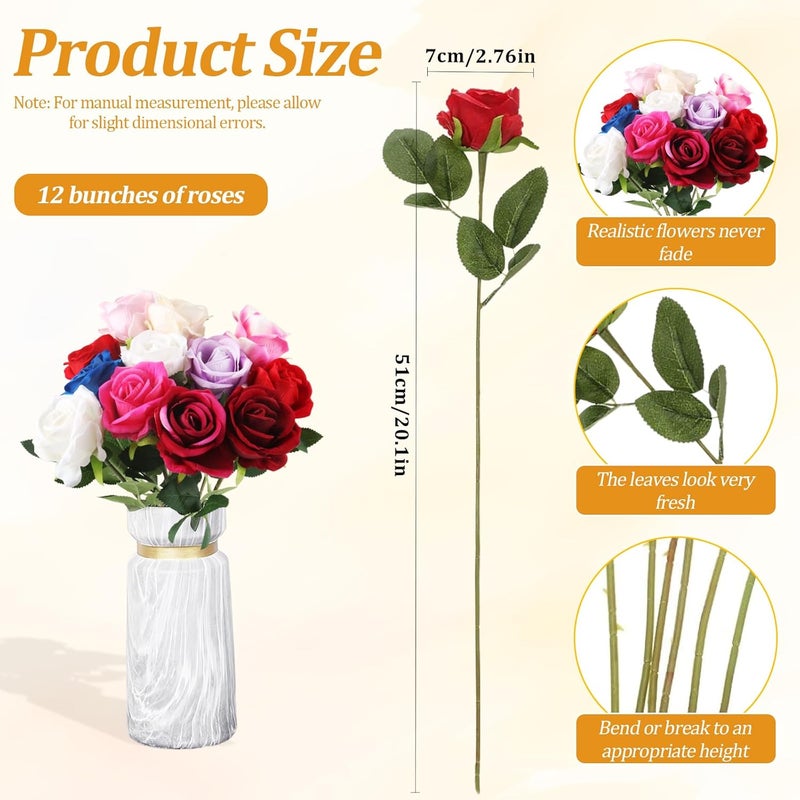 PacuM Artificial Roses, 12 Pieces, Artificial Flowers, Silk Flowers, Roses 51 x 7 cm, Artificial Flowers, Realistic Single Stem Flowers for Wedding Party, Home Decoration (Mixed Colours) - Image 2