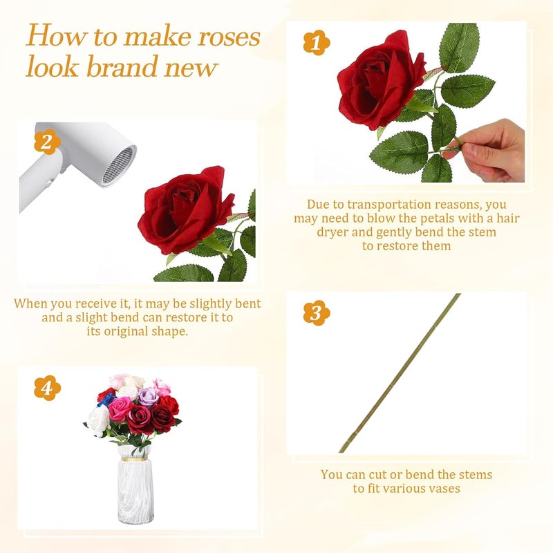 PacuM Artificial Roses, 12 Pieces, Artificial Flowers, Silk Flowers, Roses 51 x 7 cm, Artificial Flowers, Realistic Single Stem Flowers for Wedding Party, Home Decoration (Mixed Colours) - Image 3