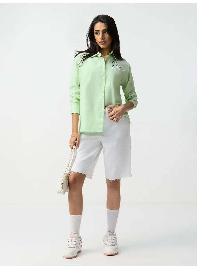 The Souled Store The Souled Store Originals: Bunny Women and Girls Full Sleeves Spread Collar Light Green Embroidered Cotton Relaxed Fit Lightweight Comfortable Casual Shirt