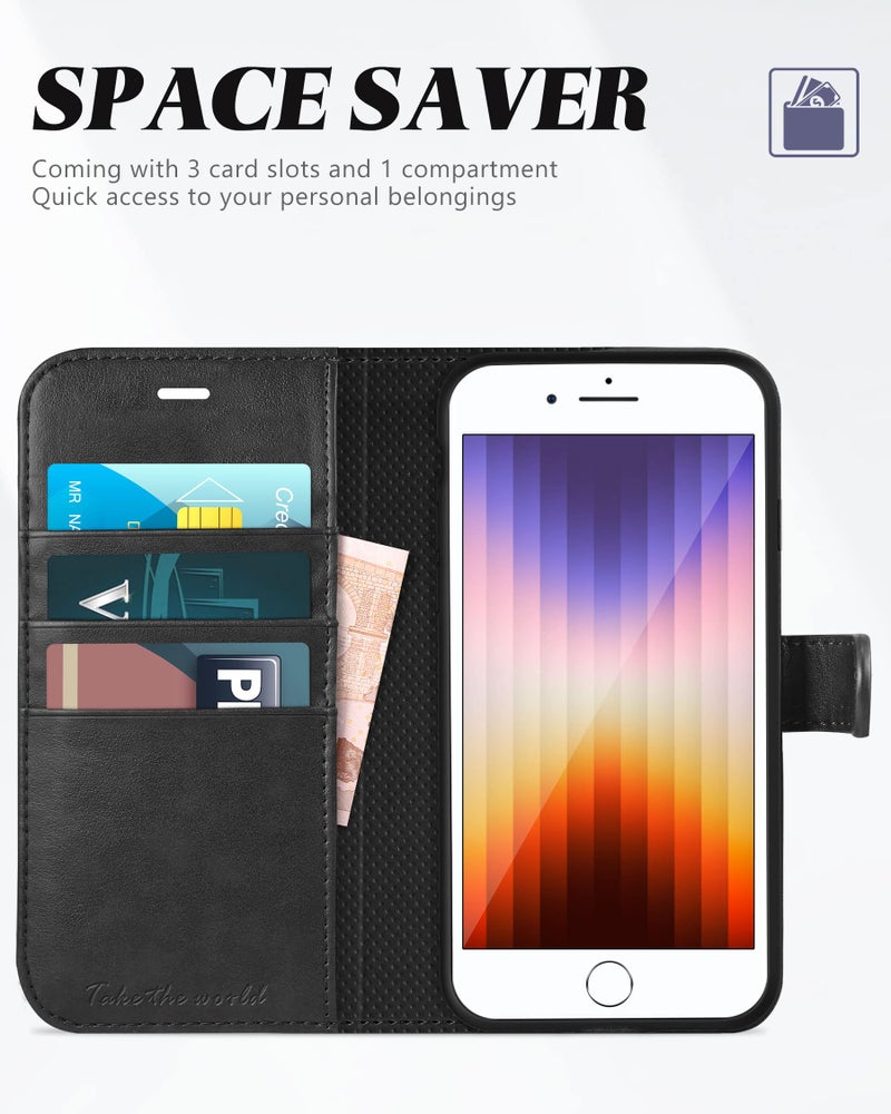 TUCCH Case Wallet for iPhone SE 2022/ iPhone 7/8/iPhone SE 2020, PU Leather 3 Card Slots Stand Magnetic Flip Folio Cover TPU Shockproof Inner Shell, Black - Image 3