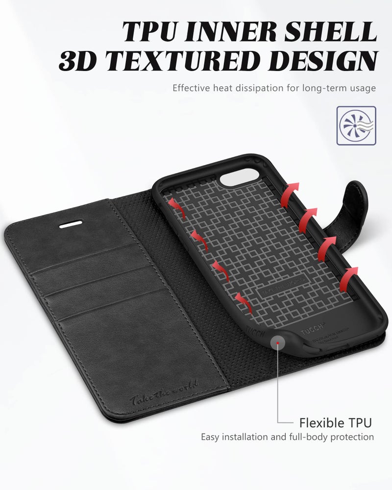 TUCCH Case Wallet for iPhone SE 2022/ iPhone 7/8/iPhone SE 2020, PU Leather 3 Card Slots Stand Magnetic Flip Folio Cover TPU Shockproof Inner Shell, Black - Image 5