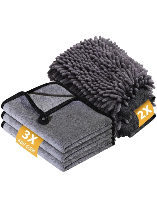 5 Pcs Car Washing Kit with 3x Microfibre Cleaning Cloth and 2x Microfibre Wash Mitt, Dual-Sided Ultra Soft Drying Towels and Gloves for Car Care, Polishing, 600GSM, cloth 40x30cm，mitt 26x18cm - Image 1