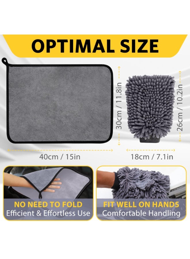 5 Pcs Car Washing Kit with 3x Microfibre Cleaning Cloth and 2x Microfibre Wash Mitt, Dual-Sided Ultra Soft Drying Towels and Gloves for Car Care, Polishing, 600GSM, cloth 40x30cm，mitt 26x18cm - Image 2