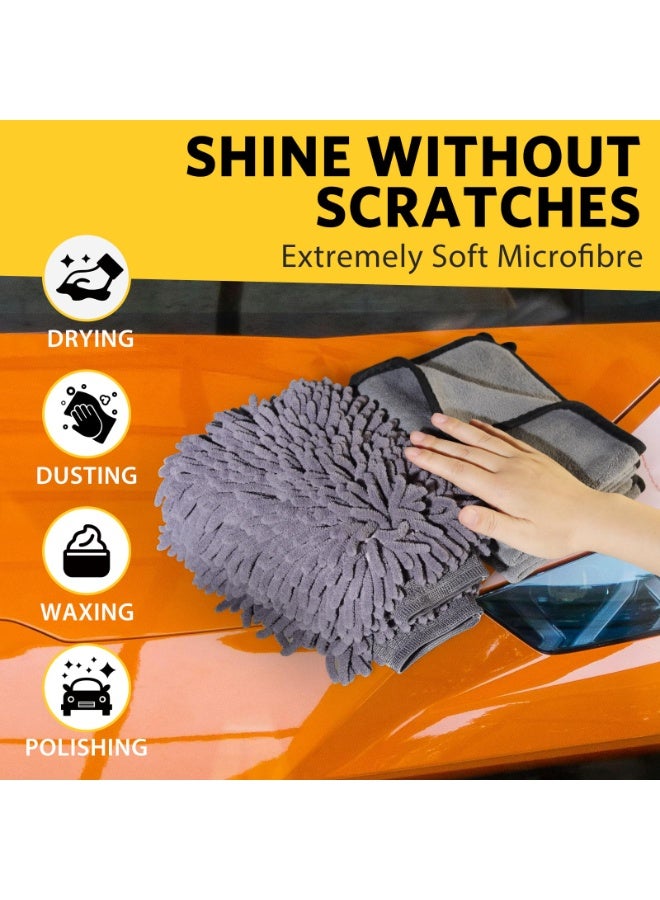 5 Pcs Car Washing Kit with 3x Microfibre Cleaning Cloth and 2x Microfibre Wash Mitt, Dual-Sided Ultra Soft Drying Towels and Gloves for Car Care, Polishing, 600GSM, cloth 40x30cm，mitt 26x18cm - Image 5
