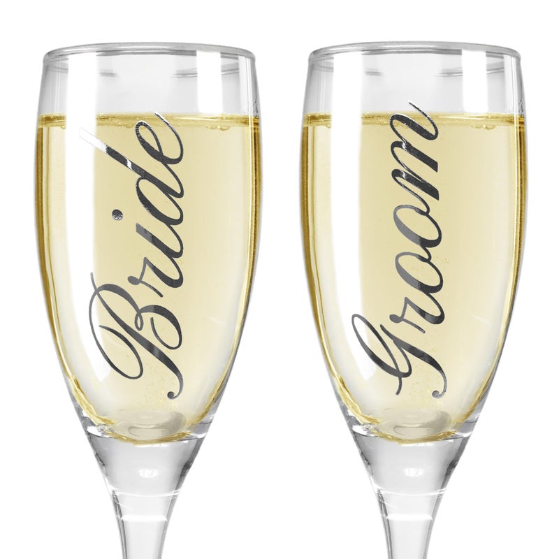 BANBERRY DESIGNS BANBERRY DESIGNS Bride and Groom Champagne Glasses Set of 2 Elegant Toasting Flutes Silver Wedding Champagne Set Wedding Glasses 6 oz 